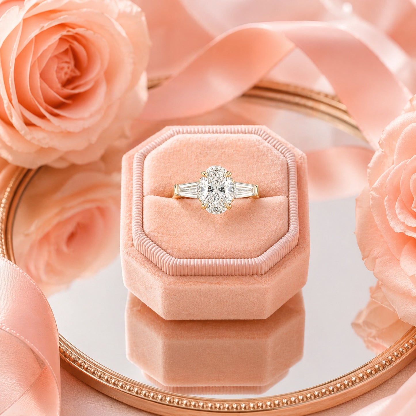 1.06ct Oval Lab-Grown Diamond Ring with Emerald Side Stones in 9ct Yellow Gold