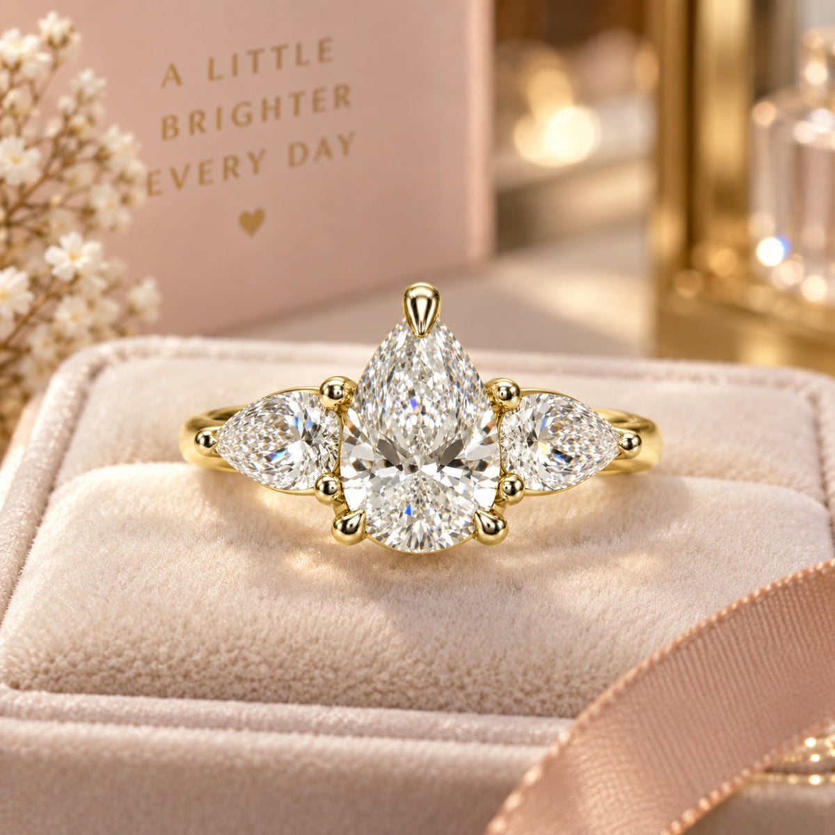 9ct Yellow Gold 3ct Pear Shape Lab-Grown Diamond Trilogy Ring
