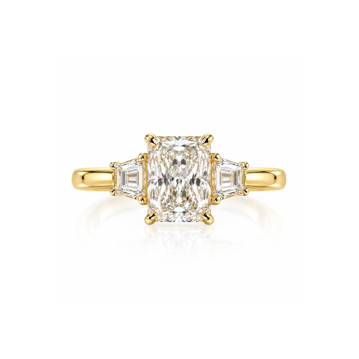 9ct Yellow Gold 2.40ct Radiant Cut Lab Grown Diamond Trilogy Ring