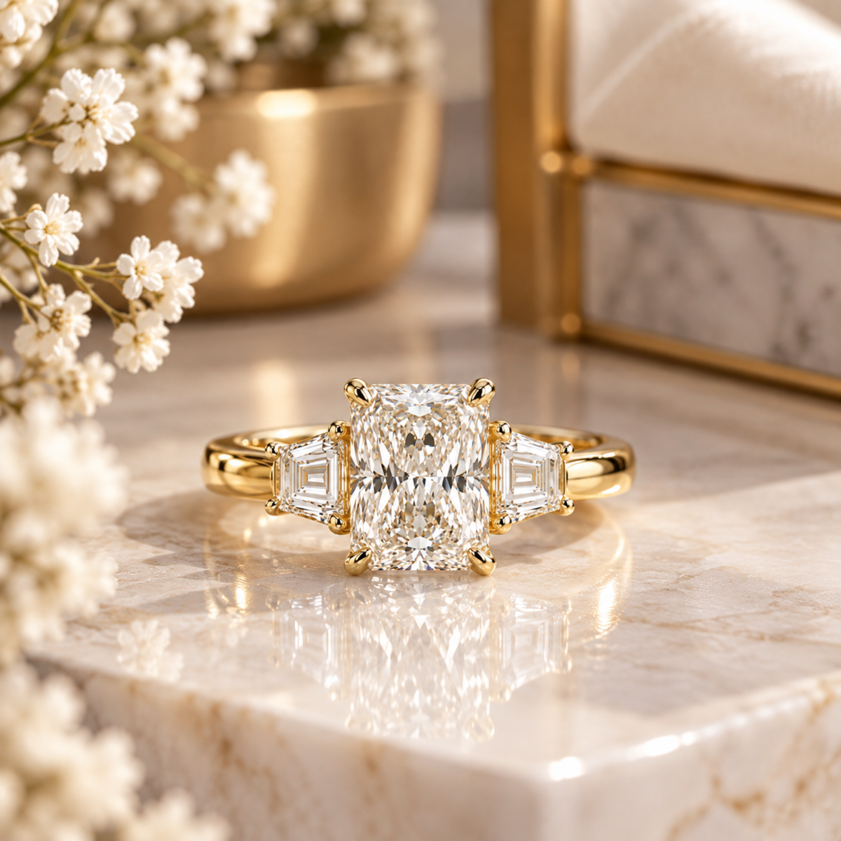9ct Yellow Gold 2.40ct Radiant Cut Lab Grown Diamond Trilogy Ring