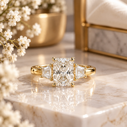 9ct Yellow Gold 2.40ct Radiant Cut Lab Grown Diamond Trilogy Ring