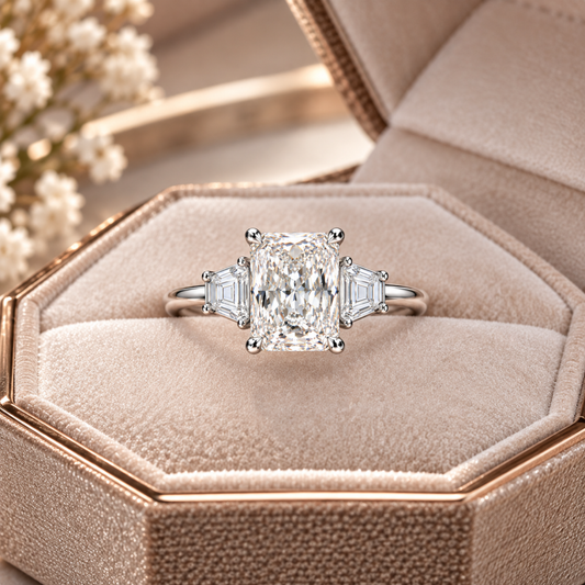 9ct White Gold 3.60ct Radiant Cut Lab Grown Diamond Trilogy Ring