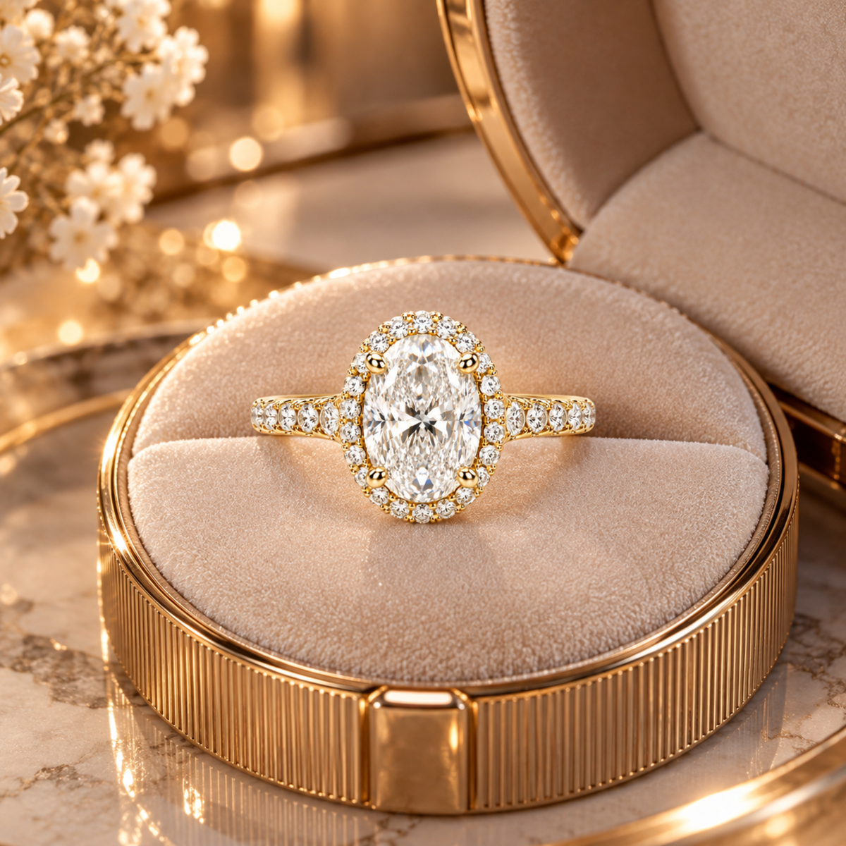 9ct Yellow Gold 2.57ct Oval Lab Grown Diamond Halo Ring