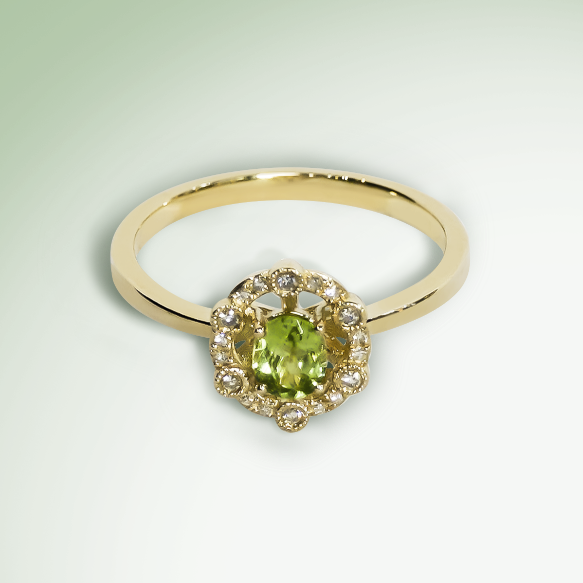 Classical Design Oval Peridot Outer Halo Ring in 9ct Yellow Gold