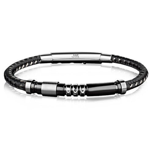 ARZ Steel Black Stylized Stainless Steel Leather and woven Rope Bracelet