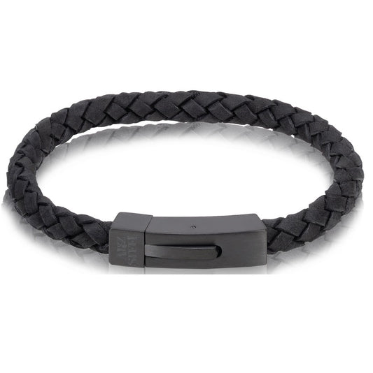 ARZ Steel Black Steel Clasp with Black Cross Woven Leather Bracelet