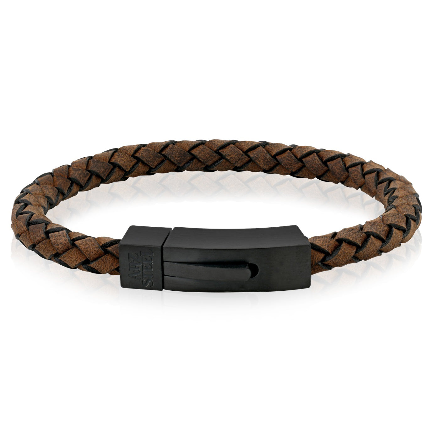 ARZ Steel Black Steel Clasp with Tan Black Cross Woven Leather Bracelet