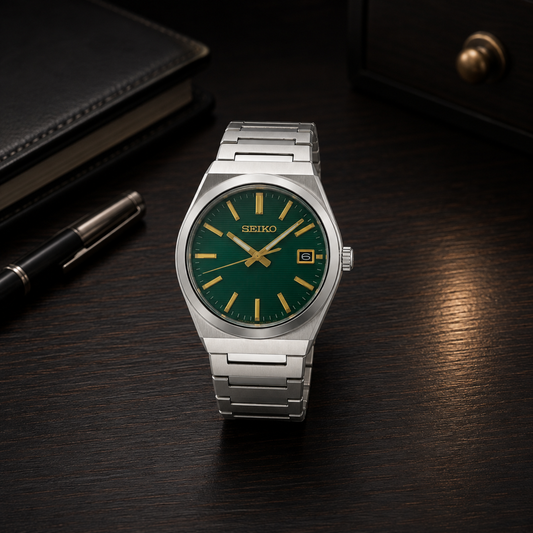 Gents Seiko Quartz Watch with Green Face and Gold Hands