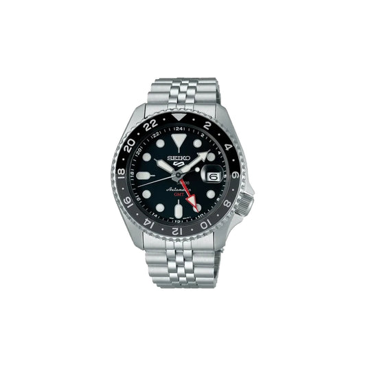 Gents Seiko Automatic GMT Watch With Black Face and Steel Strap