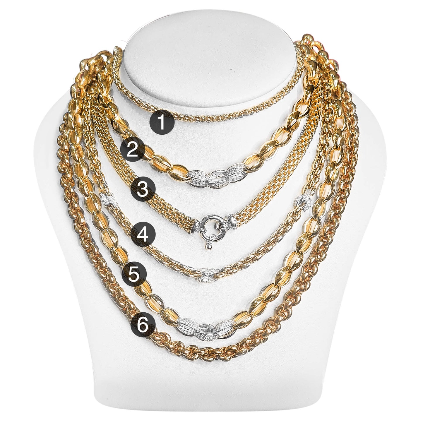 Discover our exquisite collection of Gold Plated Semi Dress Chain Sets crafted with precision and elegance. Our set features six stunning chain designs including Popple Chain, Rice Bead Chain, Grape Chain, and Heart Link Chain. Each chain is made with high-quality 925 Sterling Silver and comes in various sizes ranging from 40cm to 45cm. Elevate your style and add a touch of sophistication with these beautifully crafted gold plated chains. Shop now and indulge in the timeless allure of gold and silver.