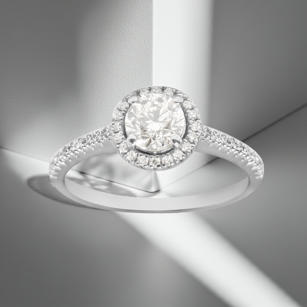 SALE: 0.88ct Natural Diamond Classic Halo Wedding Band Ring in 18ct White Gold