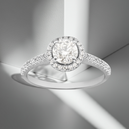 SALE: 0.88ct Natural Diamond Classic Halo Wedding Band Ring in 18ct White Gold