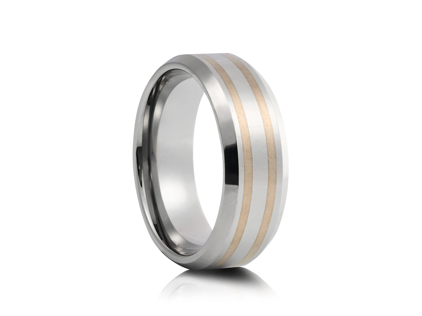 8mm Tungsten Ring - Silver with Two Gold Plated Lines