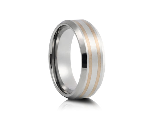 8mm Tungsten Ring - Silver with Two Gold Plated Lines