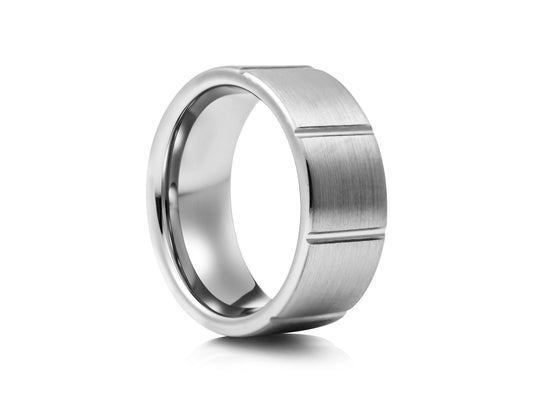 8mm Tungsten Ring - Silver with Horizontal Grooves