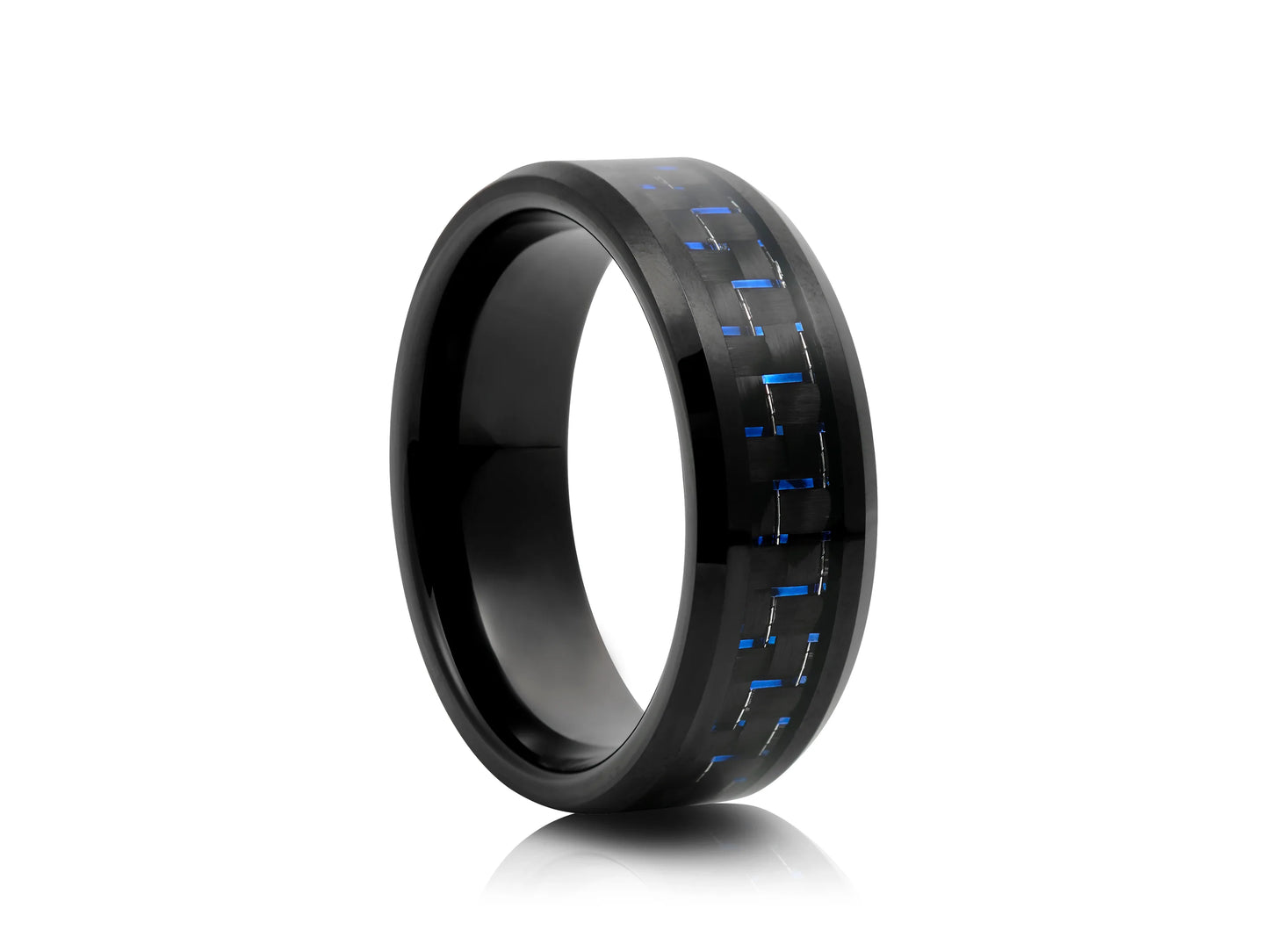 8mm Tungsten Ring - Black with Black and Blue Carbon Inlay