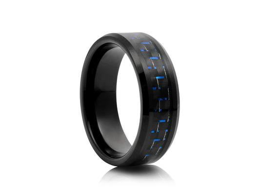8mm Tungsten Ring - Black with Black and Blue Carbon Inlay