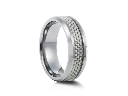 8mm Tungsten Ring - Silver with Carbon Texture Inlay