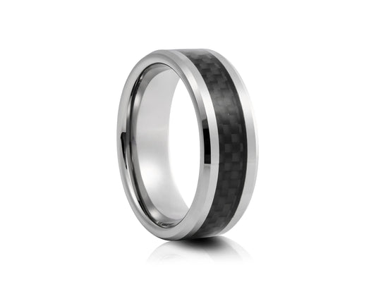 8mm Tungsten Ring - Silver with Black Carbon Inlay