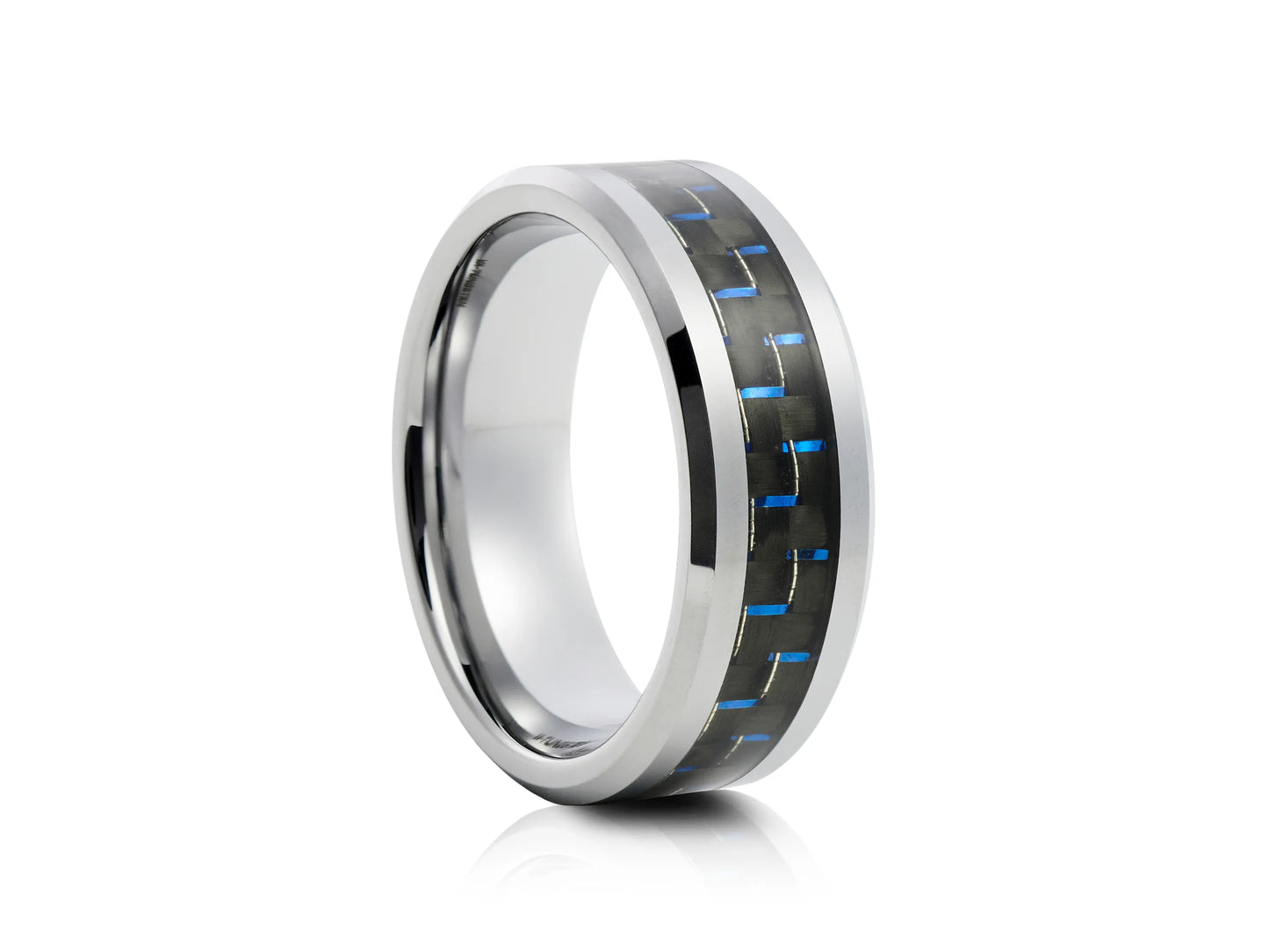 8mm Tungsten Ring - Silver with Black and Blue Carbon Inlay