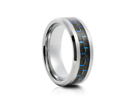 8mm Tungsten Ring - Silver with Black and Blue Carbon Inlay