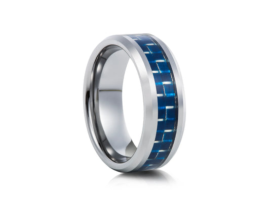 8mm Tungsten Ring - Silver with Dark Blue Carbon Inlay