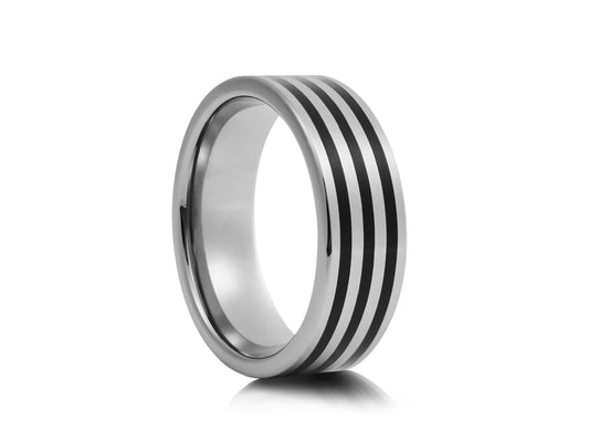 8mm Tungsten Ring - Silver with Three Black Plated Lines