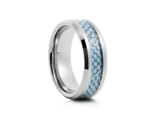 8mm Tungsten Ring - Silver with Light Blue Carbon Inlay