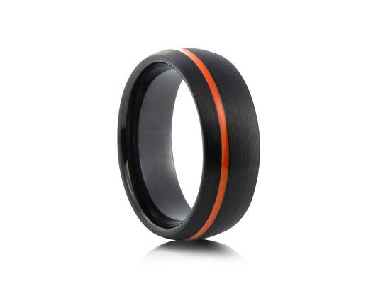 8mm Tungsten Ring - Black with Offset Orange Line