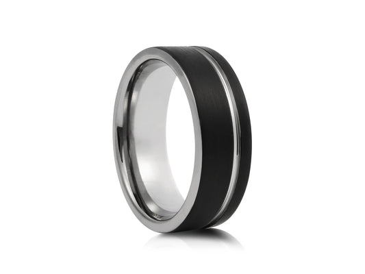 8mm Tungsten Ring - Black with Silver Inlay Interior