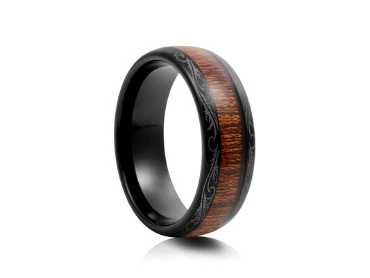 8mm Tungsten Ring - Black with Wood Inlay Horizontal Grain