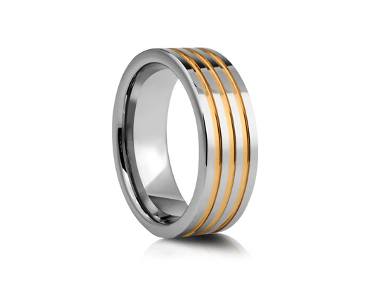 8mm Tungsten Ring - Silver with Three Gold Plate Grooves