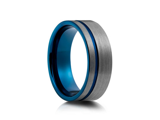 8mm Tungsten Ring - Silver with Blue Matte Double Lines Off Center