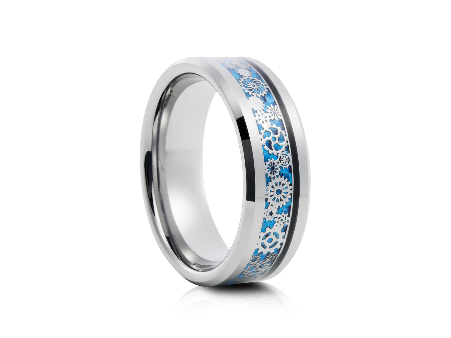 8mm Tungsten Ring - Silver with Blue Carbon Inlay Design
