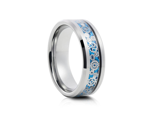 8mm Tungsten Ring - Silver with Blue Carbon Inlay Design