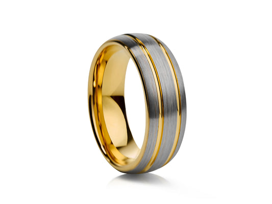8mm Tungsten Ring - Two Groove Gold Plated Inlay