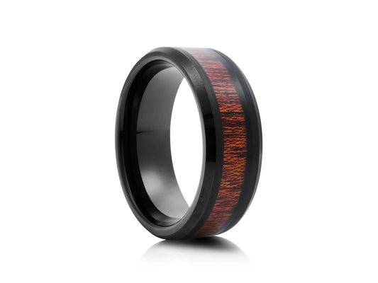 8mm Tungsten Ring - Black with Center Wood Inlay
