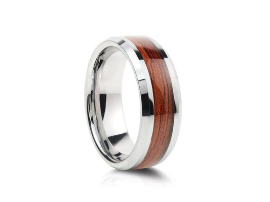 8mm Tungsten Ring - Silver with Wood Inlay Vertical Grain