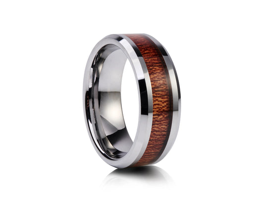 8mm Tungsten Ring - Silver with Wood Inlay Gloss