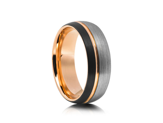 8mm Tungsten Ring - Yellow Gold Platting with Black and Silver Matte Swop