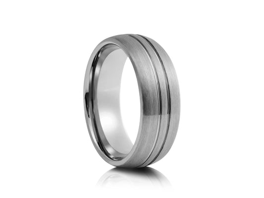 8mm Tungsten Ring - Silver with Matte with two Center Grooves