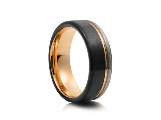 8mm Tungsten Ring - Yellow Gold Platting with Black and Silver Matte