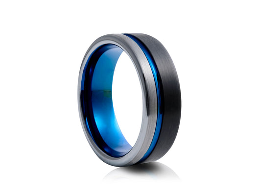 8mm Tungsten Ring - Silver with Black and Blue Matte Groove Off Center
