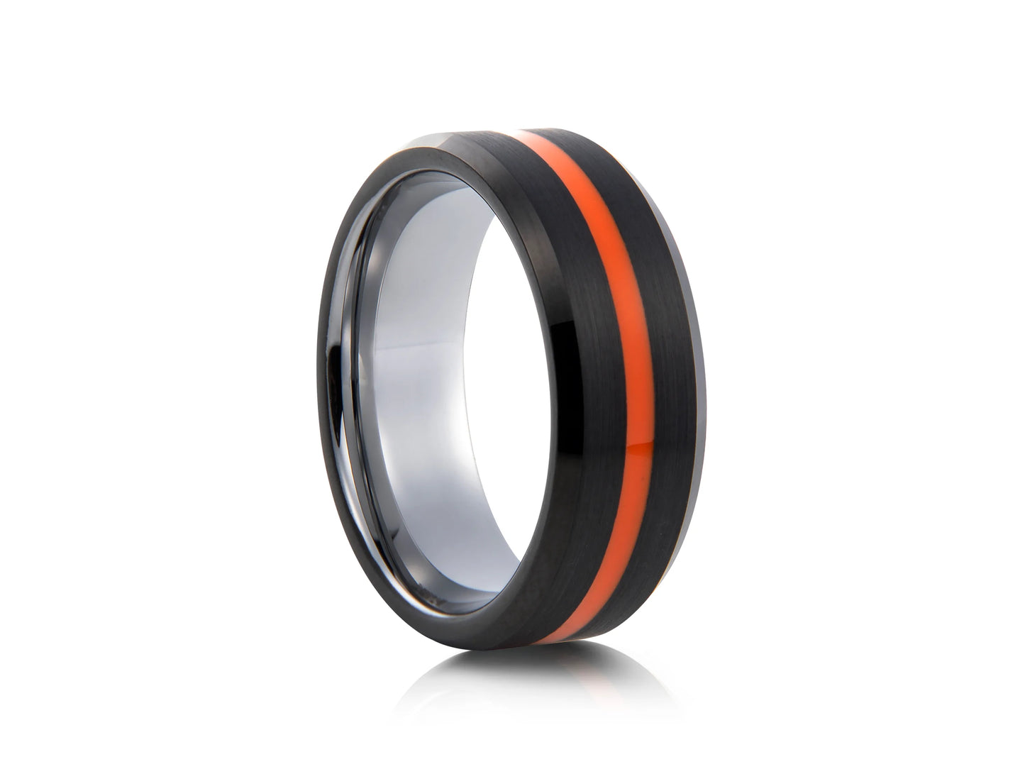 8mm Tungsten Ring - Black with Orange Center Line