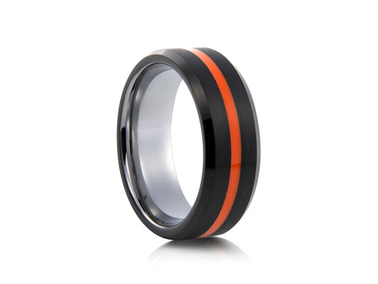 8mm Tungsten Ring - Black with Orange Center Line