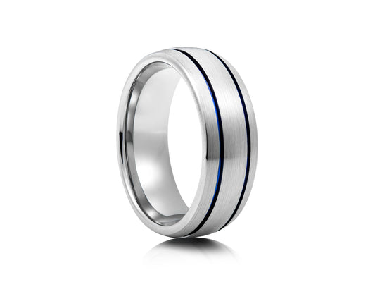 8mm Tungsten Ring - Silver with Blue Double Grooves