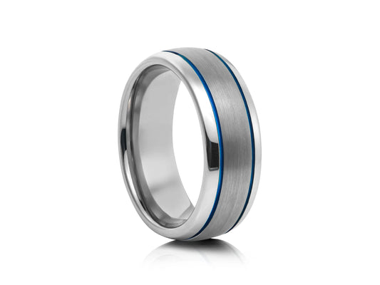 8mm Tungsten Ring - Silver with Blue Groove Double Matte Center