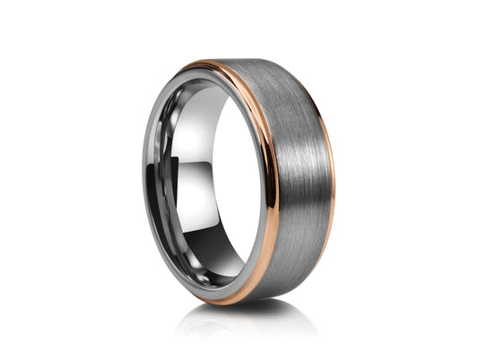 8mm Tungsten Ring - Silver with Brushed With Gold Plated Finish