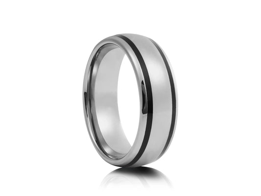 8mm Tungsten Ring - Silver with Two Gold Plate Lines