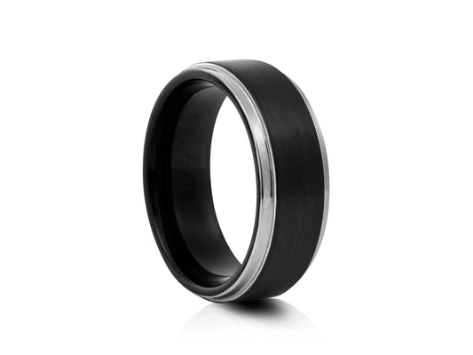 8mm Tungsten Ring - Black with Silver Finish and Matte